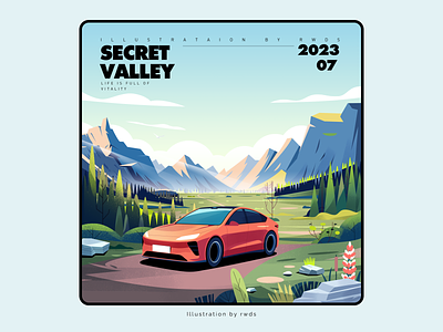Valley car illustration landscape mountain road stone tree trees valley