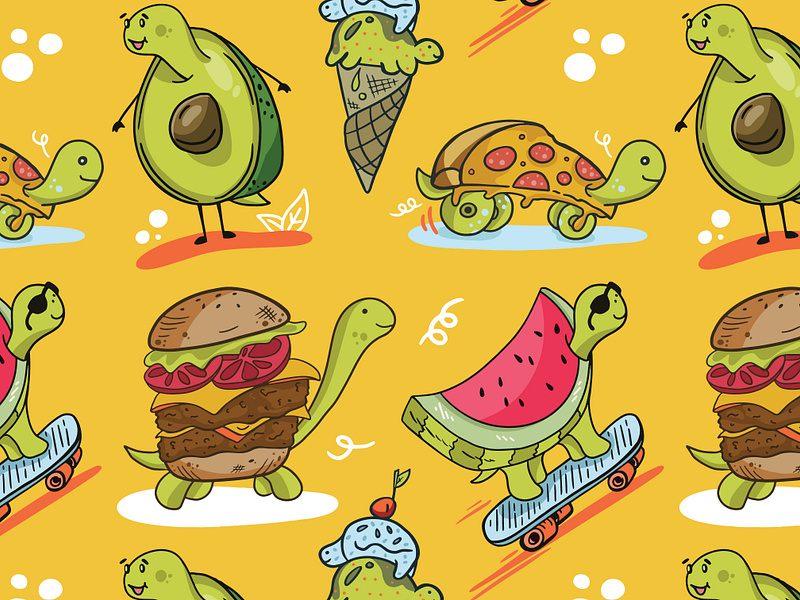 Turtle Food Pattern cartoon design drawing eat food fun funny graphic illustration lunch pattern print retro snack turtle wallpaper