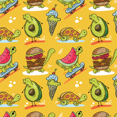 Turtle Food Pattern cartoon design drawing eat food fun funny graphic illustration lunch pattern print retro snack turtle wallpaper