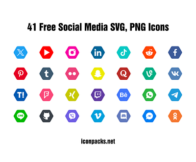41 Free Social Media Networks Hexagon SVG, PNG Icons design free resources freebies icon pack icon set icons png icons social media svg icons vector