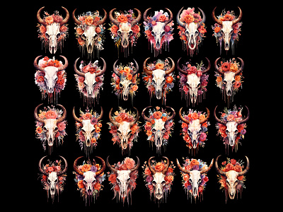 Bull Skull Floral 3d 3d art 3d bull 3d colorful 3d floral 3d flower 3d roses 3d skull african animal bull design digital art floral graphic design halloween illustration painting skull watercolor