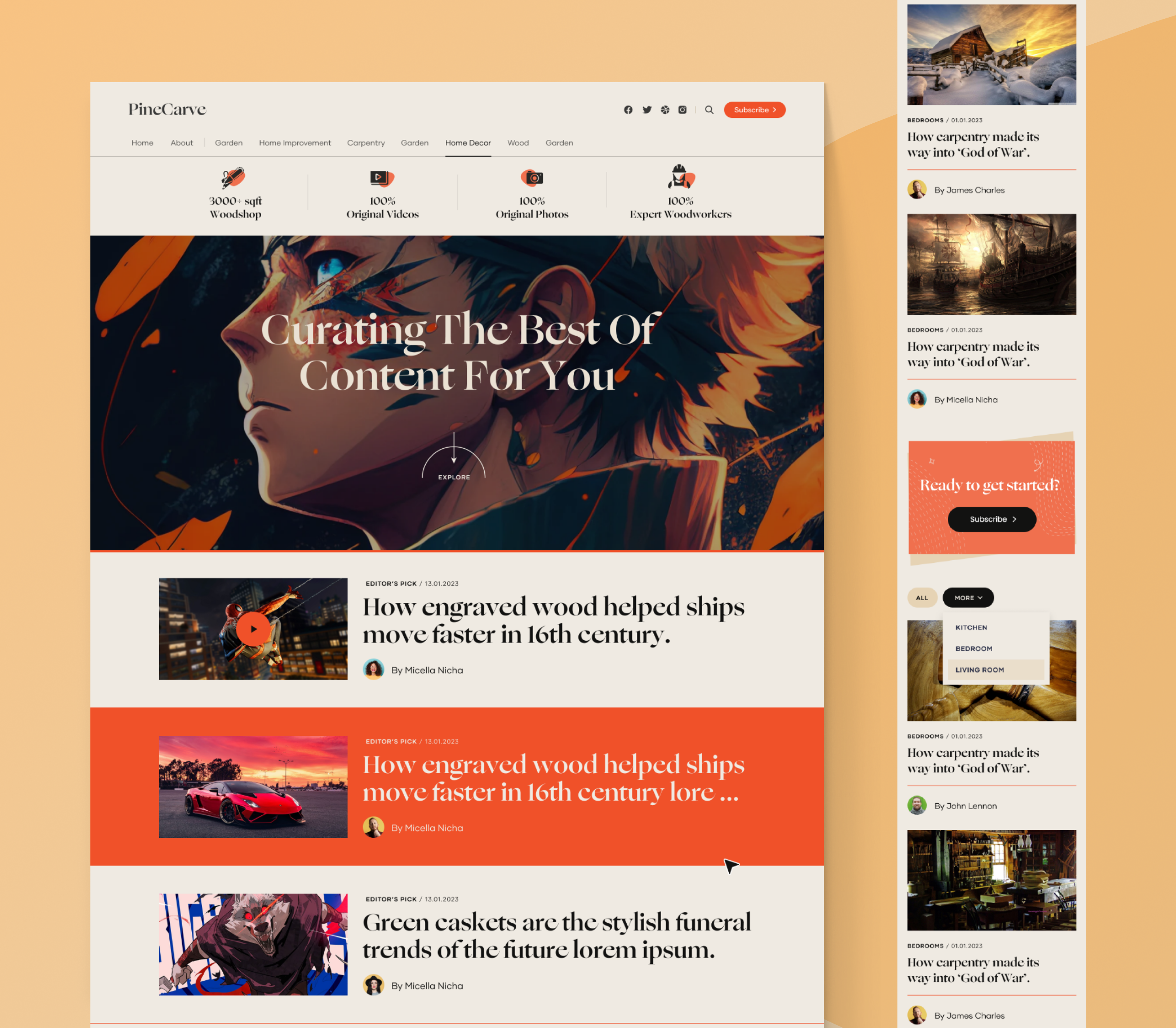 PineCarve - Blog Platform Website Design Responsive anime blog branding content design desktop elegant figma graphic design icon identity logo orange platform responsive stunning typography ui webdesign website