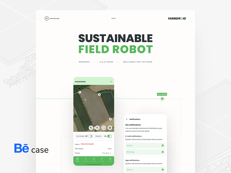 FarmDroid - mobile app for sustainable field robot battery behance camera eco farmer farming iot map mobile app notifications power robot solar power solar punk sustainable