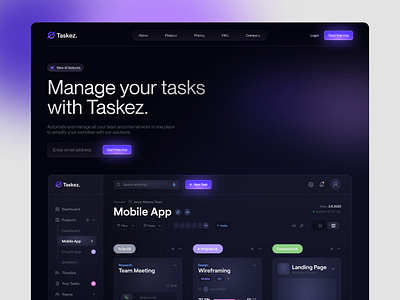 Taskez – Landing Page app brand branding clean concept dark dark mode design graphic design illustration interface landing page logo minimal task manager ui ui ux ux web web design