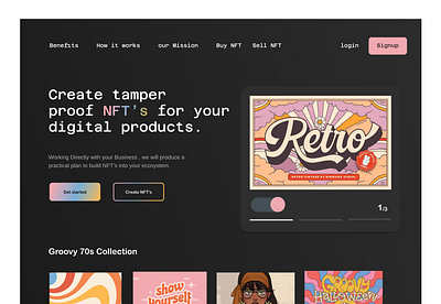 Groovy 70s retro style NFT marketplace Webdesign 70seera build designdrug figma groovy interfacedesigning lightanddarkmode nft nftmarketplace nftplatform nostalgic past ui uiux uxdesigner watchmegrow webdesign