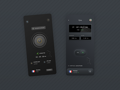 Vpn App brand branding creativemarket custom buttons icons dark design download upload exploration french country gradients patterns graphic design illustrator ai photoshop psd ping print designer product designer seraphin brice typo typography ui ux designer vpn