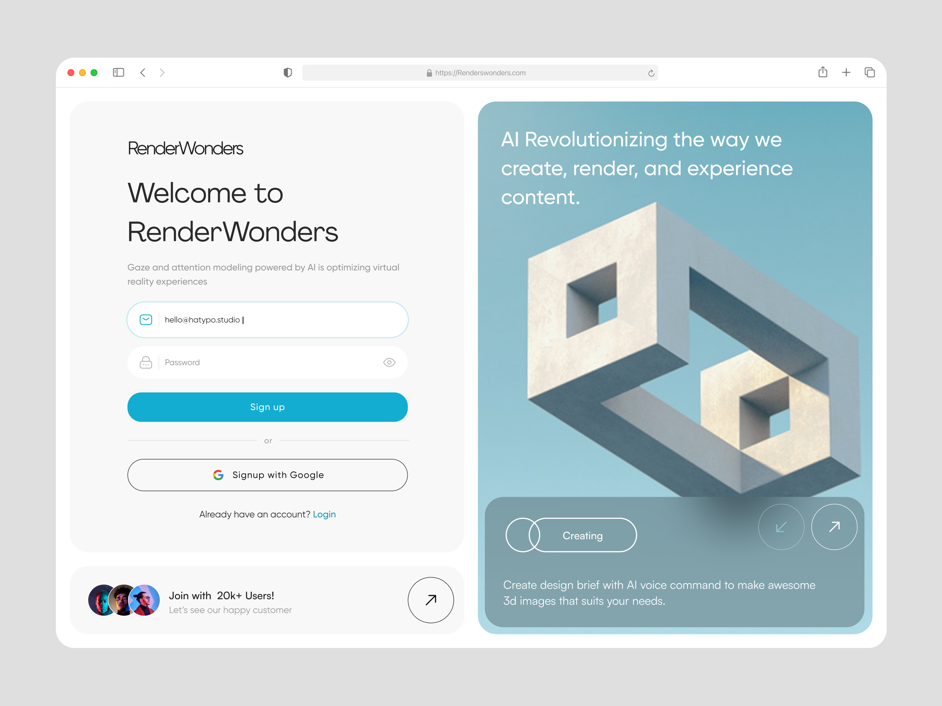 RenderWonders - Sign Up / Login Page 3d 3d ai 3d assets 3d website account clean create account design log in login login form onboarding register sign in sign up signup ui web web design website