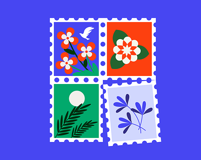 Flower Stamps bloom blossom blue design drawing email flowers illustration letter postage stamp