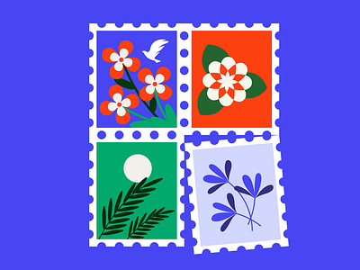 Flower Stamps bloom blossom blue design drawing email flowers illustration letter postage stamp