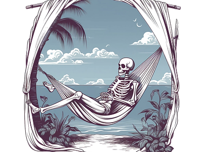 skeleton in hammock beach cloud digital desing hammock have a rest palm plant relaxing science fiction sea skeleton skull sky