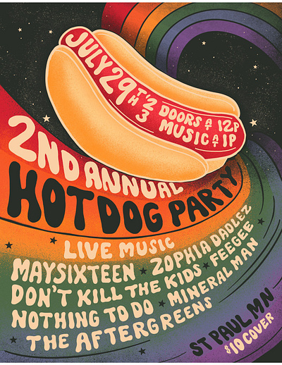 hot dog flyer- hand lettered and illustrated band flyer band poster concert poster digital lettering procreate psychedelic lettering retro lettering typography