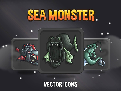 Sea Monster Game Icon Set 2d art asset assets fantasy game game assets gamedev icone icons illustration indie indie game mmorpg monster monsters mutant rpg sea set