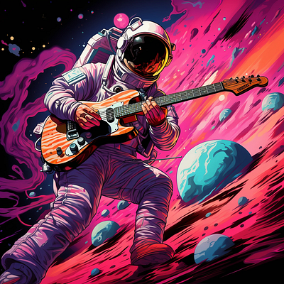 guitar concert in space astronaut concert digital drawing fantasy futuristic guitar jupiter music pink planet saturn science fiction space