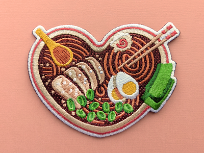 Ramentic Heart Patch chopsticks egg embroidery food heart heart patch illustration kawaii patch ramen soup spoon valentines patch