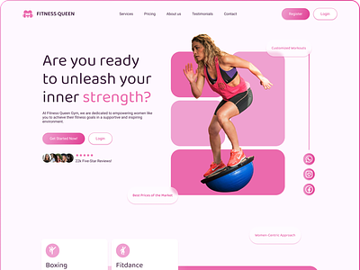 Landing Page - Female Gym - Fitness Queen barbie branding design digital product female female gym figma gym interfaces landing page logo lp pink site sites ui ui design ux design web design women