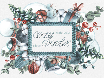 Cozy knitted winter watercolor clipart snow globe