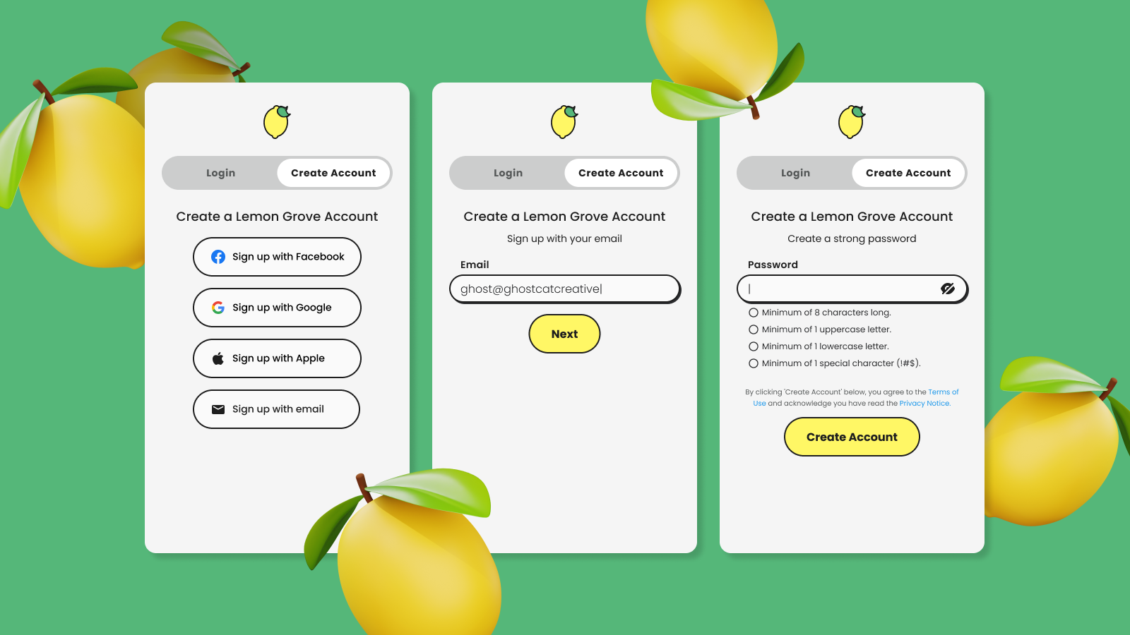 Create Account account creation cute ui lemons prototype sign up ui