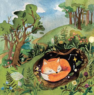 Sleeping fox cozy watercolour illustration animal illustration book fox illustration magical watercolour