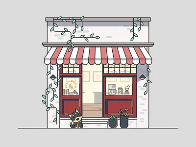 Rocky's Roastery Open For Business 2d books cartoon coffee cute flat illustration plants shop vector