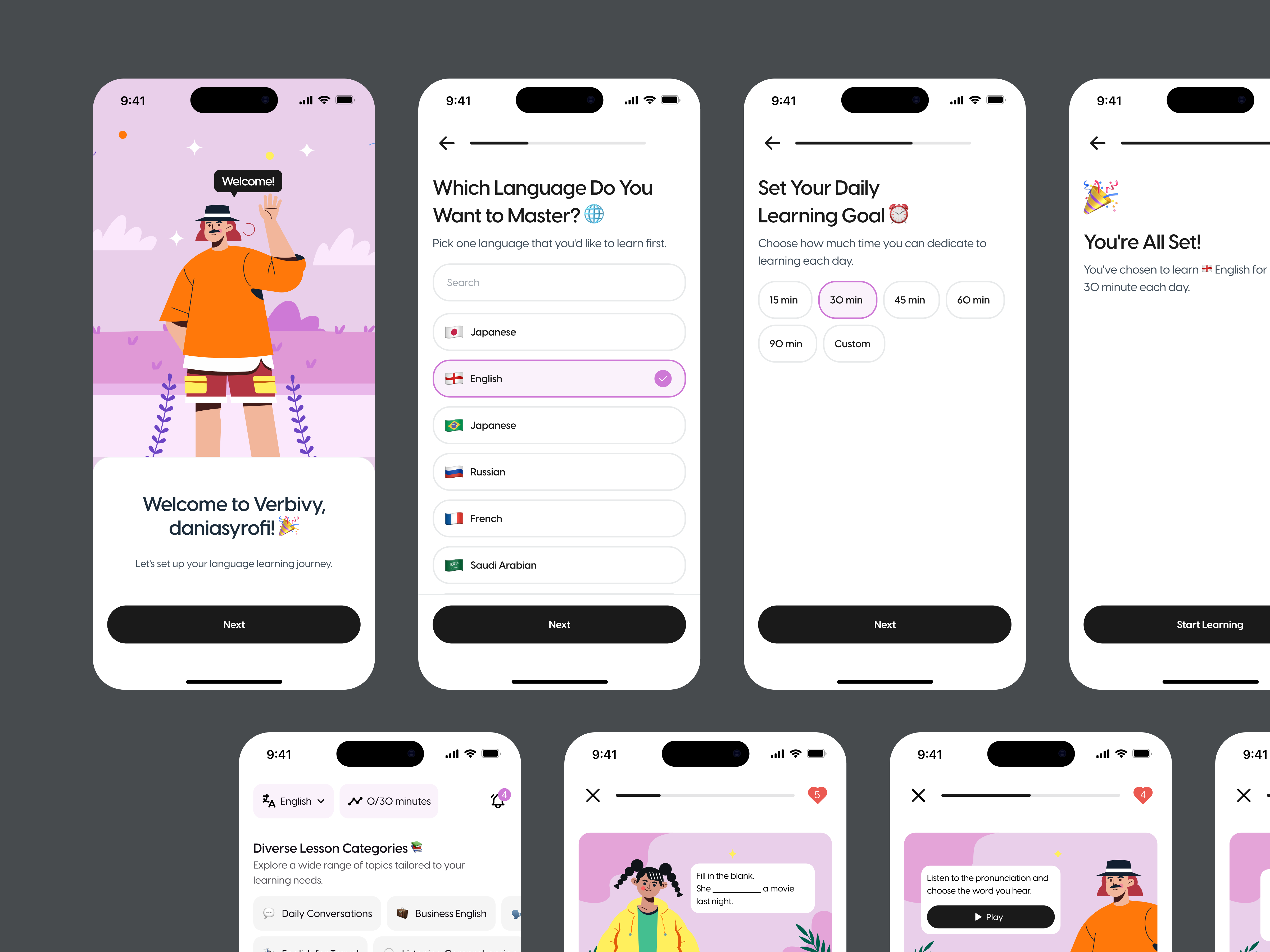 Verbivy - Language Learning Application application clean course design dictionary english language language application language learning learn learning learning app learning platform mobile study translate ui verb voice word