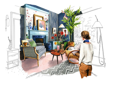 For the Washington Post aquarelle art design illustration interior interior illustration interior sketch nature room sketch watercolor watercolor interior watercolor room watercolour