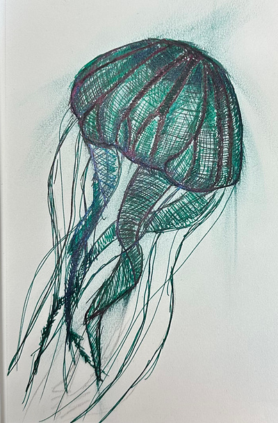 Emerald Jellyfish fountain pen illustration ink drawing