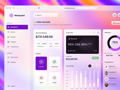 Dashboard - Fintech Exploration activity analytics card dashboard design expense fintech help center money card profit request settings statistics texas topup transactions transfer ui utility bills uux