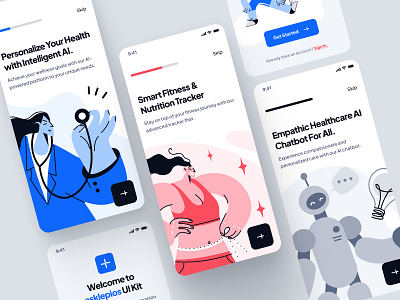 🩺asklepios UI Kit: AI Healthcare & Wellness App | Welcome UI/UX app blue chatbot diet app fitness app health healthcare healthcare app illustration mental health mindfulness minimal mobile nutrition onboarding ui ui kit virtual care welcome scren wellness