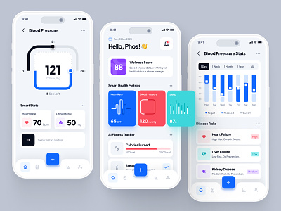 🩺asklepios UI Kit: AI Healthcare & Wellness App | Health Metric blood pressure blue chatbot app clean diet app fitness app health health tracker health tracker app healthcare healthcare ai healthcare ai app healthcare app minimal nutrition app ui ui kit ux virtual care wellness