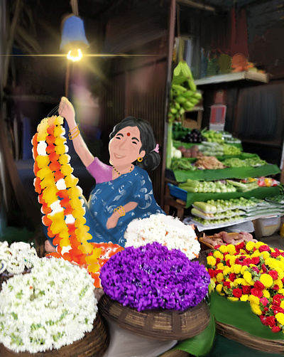 Bangalore Flower Market bangalore flower market character design illustration malleshwaram procreate