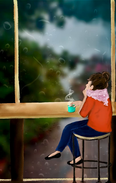 Rainy Day character coffee shop design illustration procreate rain and thunder rainy day