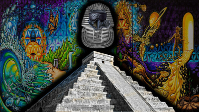 Enki's Atmospheric Conditioning Helmet above Mayan Pyramids graphic design