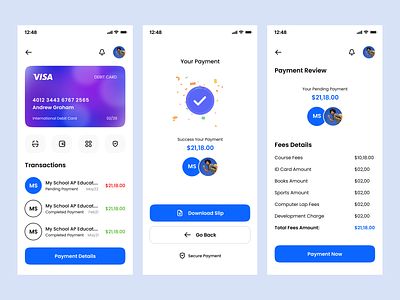 School Payment UI - Mobile Screens cards clean education payment ios minimal design mobile app design payment payment design payment ui design prototype school school design school payment student design student payment transaction ui ux visa visual design