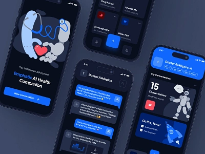 asklepios UI Kit: AI Healthcare & Wellness App | AI Chatbot UIUX ai chatbot app app blue chatbot chatgpt app dark mode diet app doctor fitness app health healthcare ai healthcare app healthcare chatbot illustration mobile patient ui ui kit virtual care wellness