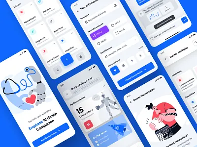 asklepios UI Kit: AI Healthcare & Wellness App | Health Chatbot blue chatgpt diet app fitness app health health chatbot healthcare healthcare ai healthcare ai app healthcare app healthcare chatbot illustration minimal mobile app nutrition app ui ui kit virtual assistant virtual care wellness app