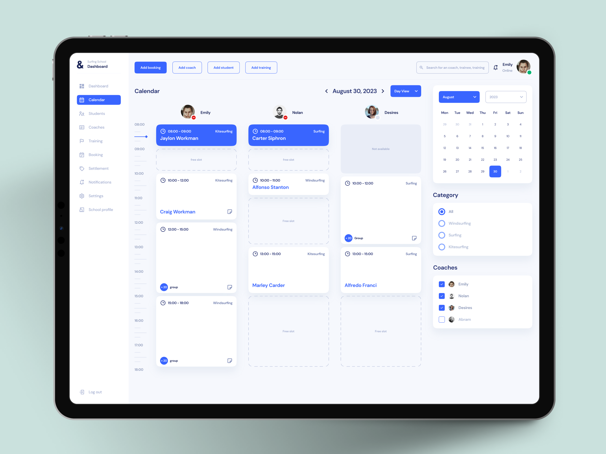 Course booking platform app design booking platform cards charts concept courses dashboard design desktop app graphs management statistics surfing school ui ui design web design www