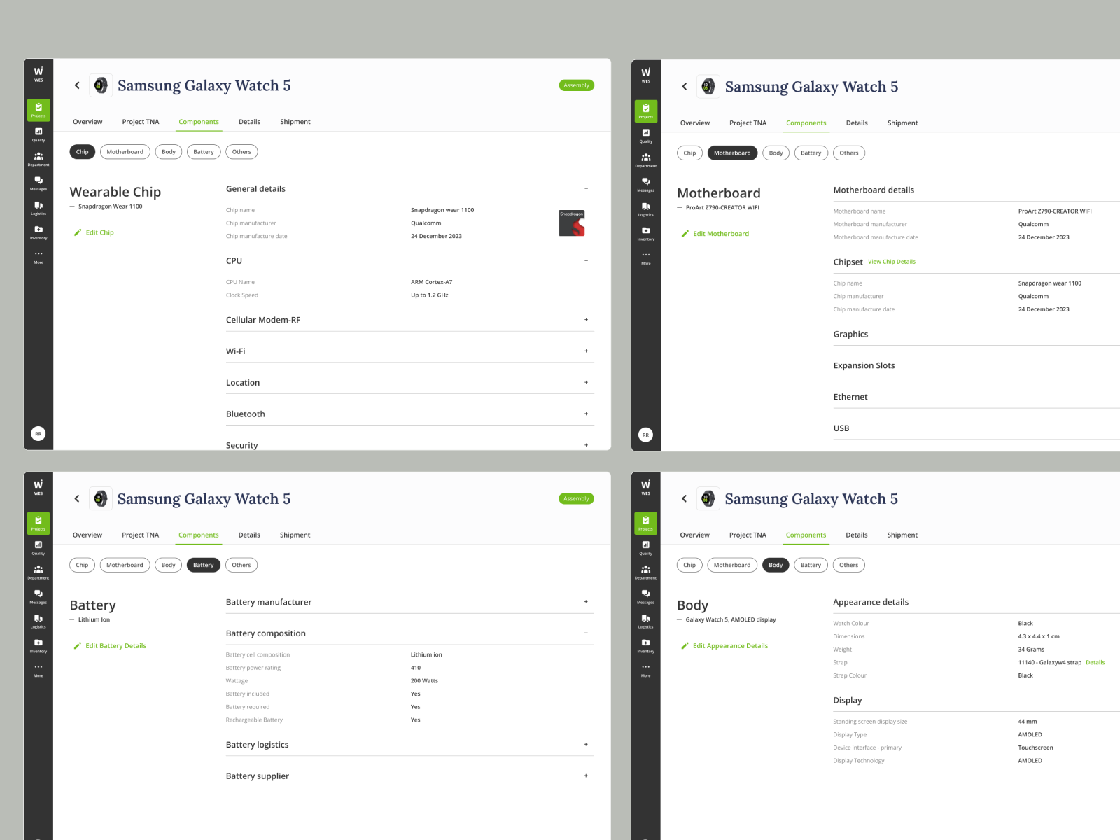 Smartwatch Production & Manufacturing chat dashboard logistic manufacturing order details order management production production tracking quality smartwatch smartwatch manufacturing smartwatch production testing ui ux wearable