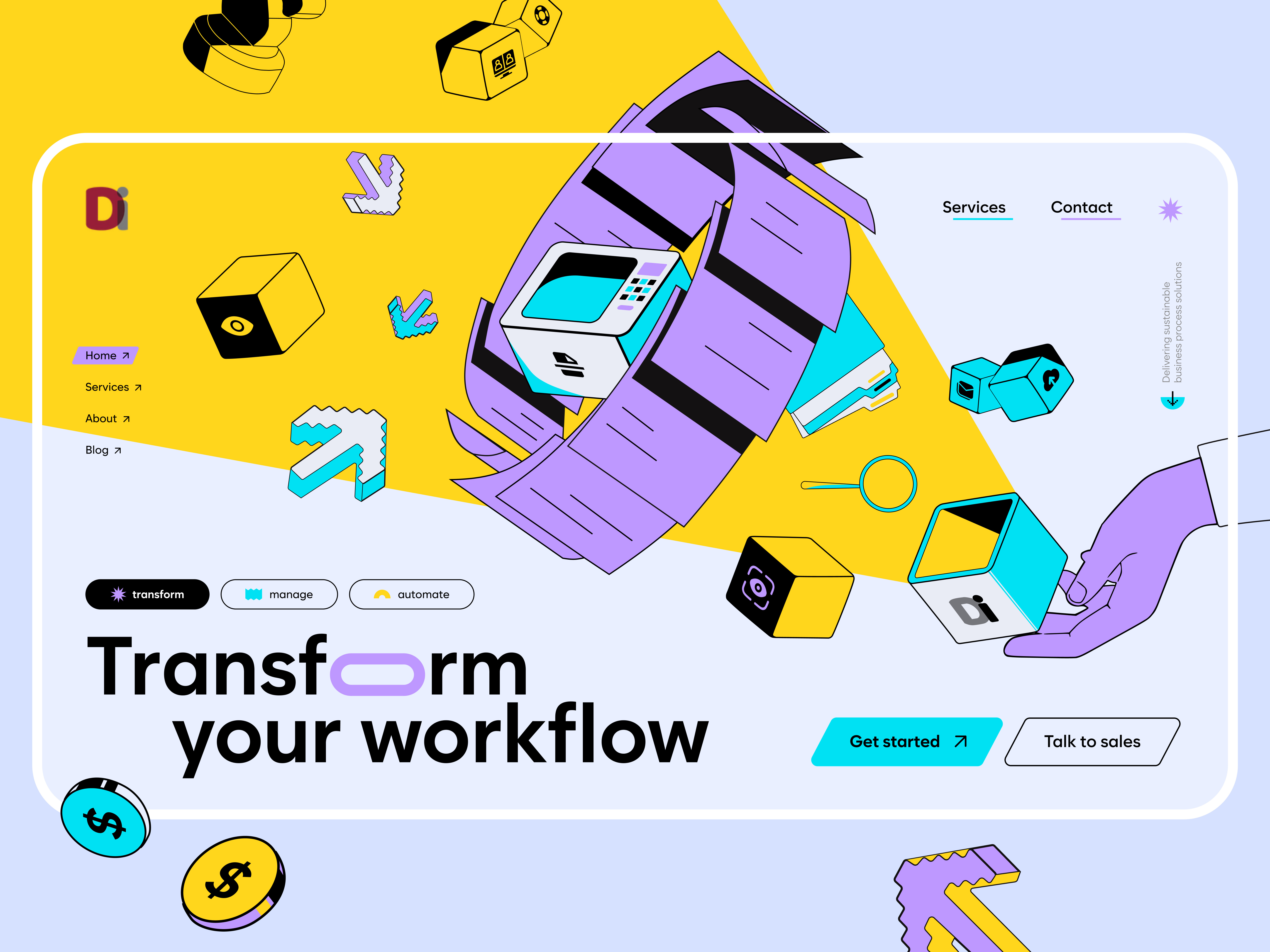 WORKFLOW SERVICE WEB DESIGN | Ninen automate blue branding bright colourful creative design desktop illustration juicy landing manage purple service transform ui ux web workflow yellow