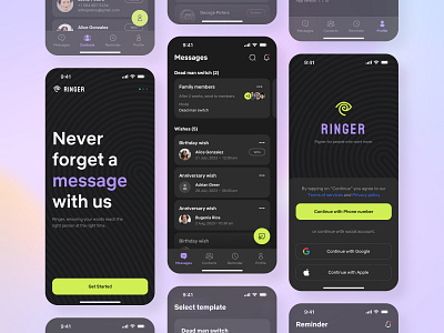 Ringer App animation app artwork brand brand design branding branding design breakfast chat chat app colors design designer graphic design illustration logo schedule timeer typography ui