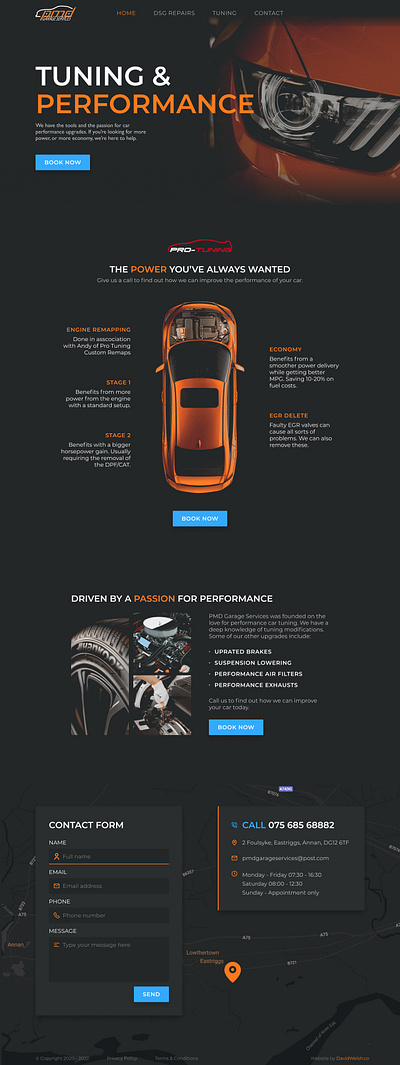 Website for Performance Car Garage branding cars dark garage website
