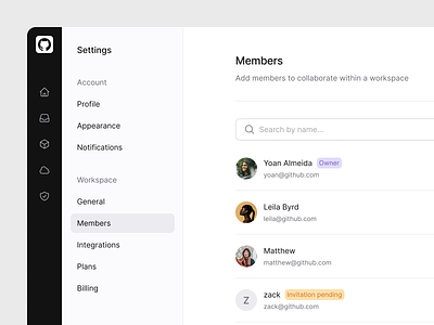 Tailwarden - Members settings avatar clean email invite members minimalist preferences product design saas search settings settings page side bar sidebar tailwarden team ui users ux