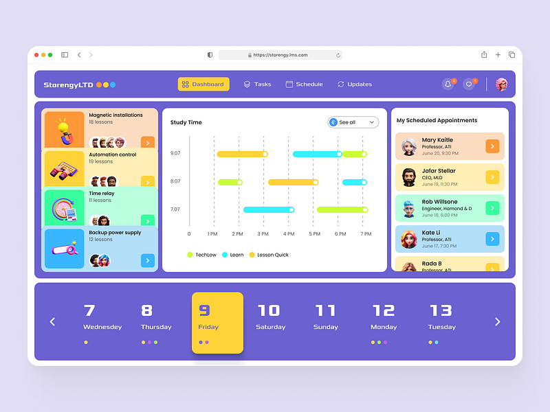 E-learning LMS for B2B animation bright colorful design desktop lms schedule study de ui ux web