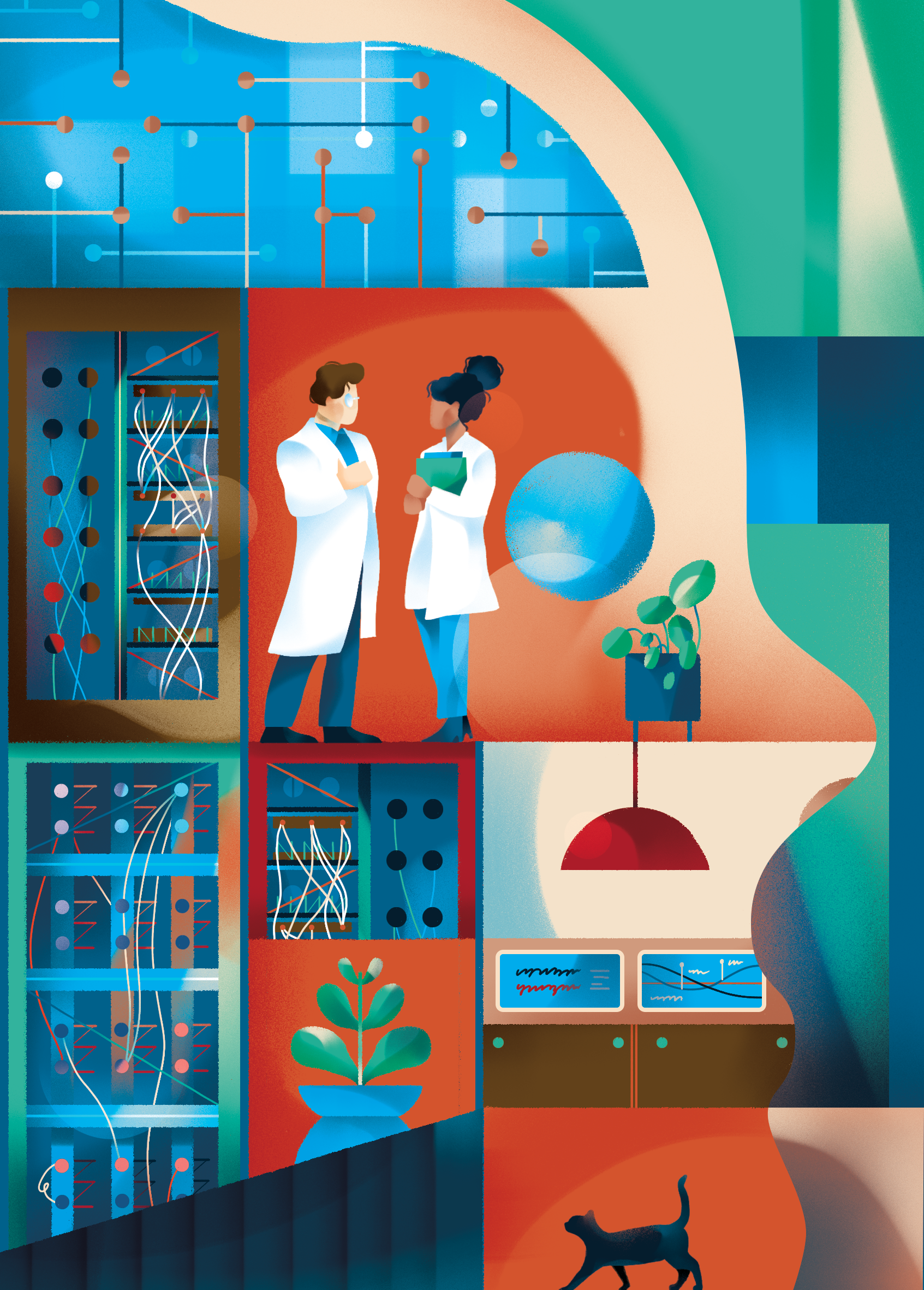 Inside the brain 🧠 brain cats composition editorial illustration folio art interiors jia yi liu labs nervous system scientific illustration scientists servers wires