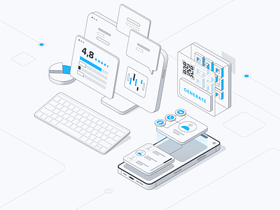 Superchat - Isometric Illustrations 3d abstract account bounce branding composition connect gedzdesign gradient illustration isometric line liner outline phone platform qr shadow superchat ui