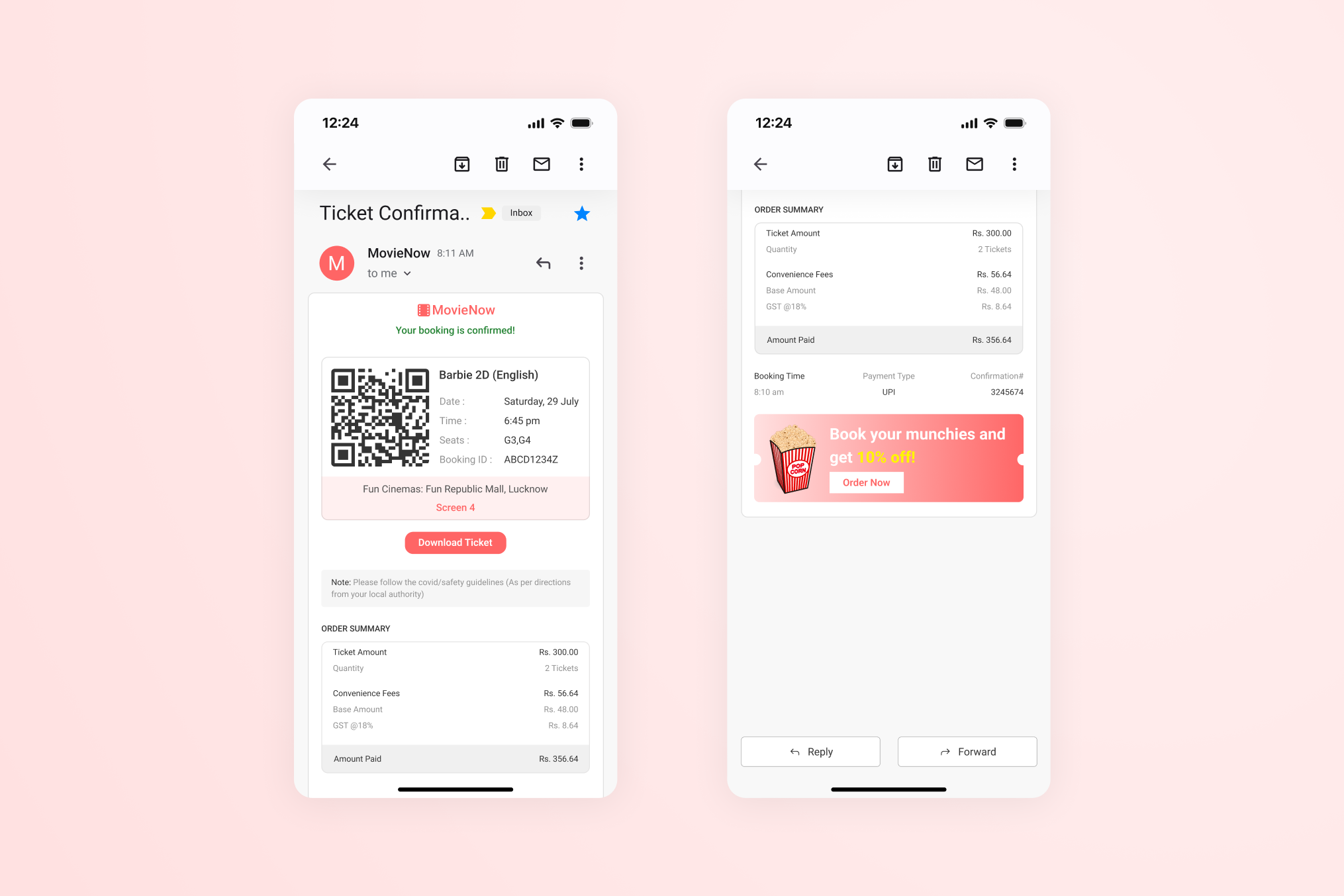 Daily UI Challenge | Day 17 | Purchase Receipt | Movie Tickets 100daysdailyuichallenge dailyui day17 design email email receipt figma mobile app movie movie tickets purchase purchase recipt receipt tickets