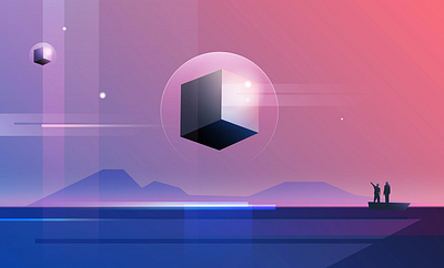 Black Cube inside of a Clear Sphere UFO abstract alien black cube colorful cube inside a sphere cube ufo floating cube flying craft flying object geometric graphic design hovering object illustration landscape ocean sci fi space uap ufo vector