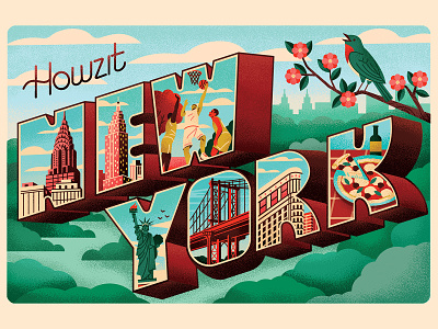 Howzit! adobe basketball big apple bird buildings city flowers howzit illustration illustrator landmarks muti new york photoshop pizza postcard texture typography