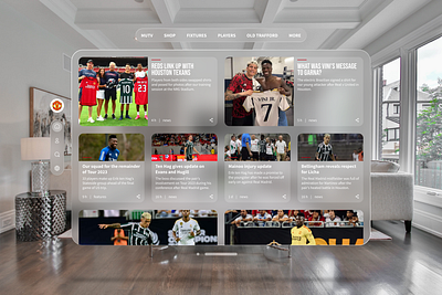 Official Manchester United Website - Spatial UI Design apple vision pro football glassmorphism human interface guidelines madrid man utd manchester united mu mutv real madrid spatial design spatial layout streaming ui design united vision pro website