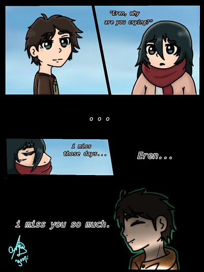 "I miss you so much." art artist comics design digitalart digitalartist drawing eren jaeger eren yeager hqs illustration mangá mikasa ackerman quadrinhos