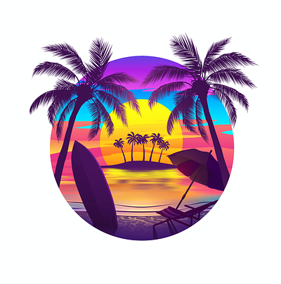 Vector illustration. Tropical Beach at Sunset with Island beach colors illus illustration island landscape palm seascape summer sun sunset surf surfboard surfing trees vector water